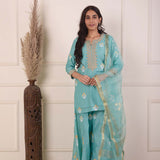 Turquoise Blue Foil Block Print Kurta Sharara Set With Dupatta