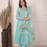 Aqua Blue Chanderi Anarkali With Pant And Dupatta
