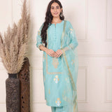 Turquoise Blue Chanderi Straight Kurti With Pant And Dupatta