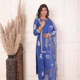 Blue Chanderi Straight Kurti With Pant And Dupatta