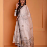 Ivory Foil Block Print Anarkali Set With Black Lace Work