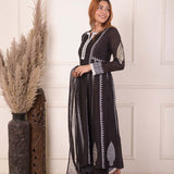 Black Foil Block Print Anarkali Set With White Lace Work