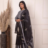 White Foil Block Print Gharara Set With White Lace Work