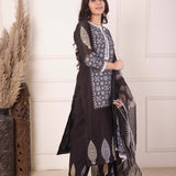 White Foil Block Print Straight Kurta Set With Black Lace Work