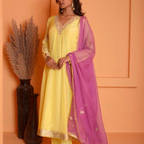 Yellow Embroidery Kurta Palazzo Set With Contrast Dupatta