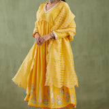 Mustard Yellow Cotton Silk Anarkali Suit Set With Floral Design