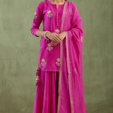 Dark Pink Kurta Sharara Set With Gold Lace Work Bottom