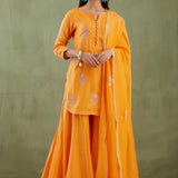 Orange Kurta Sharara Set With Gold Lace Work Bottom