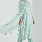 Printed Light Blue Kurti Set With Silver Floral Design