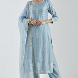 Printed Light Blue Kurti Set With Golden And Silver Floral Design
