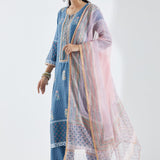 Blue Cotton Silk Ethnic Suit Set With Subtle Floral Design