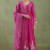 Dark Pink Cotton Silk Anarkali Suit Set With Floral Design