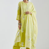 Lime Green Kurti Set With Silver Floral Design