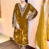 Mustard Gold Velvet Embroidered Kurti Set