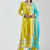 Lemon Yellow Anarkali Set With Gold And Silver Print