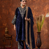 Deep Navy Blue Velvet Embroidered Kurti Set