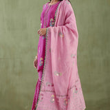 Dark Pink Floral Foil Printed Beautiful Cotton Silk Kurti Set With Gharara Pants