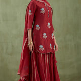 Dark Maroon Kurta Sharara Set With Gold Lace Work Bottom