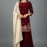 Deep Maroon Velvet Embroidered Kurti Set