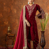 Deep Maroon Velvet Embroidered Kurti Set