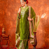 Olive Green Velvet Embroidered Kurti Set