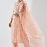 Printed Light Pink Kurti Set With Silver Floral Design