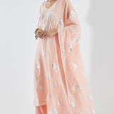 Printed Peach Kurti Set With Silver Floral Design