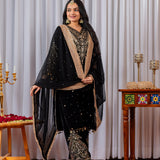 Black Velvet Embroidered Kurti Set