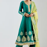 Dark Green Anarkali Set With Gold Lace Work
