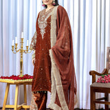 Rust Brown Velvet Embroidered Kurti Set