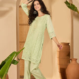 Light Green Cotton Hakoba Work Kurta Set