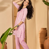 Light Rose Pink Cotton Hakoba Work Kurta Set