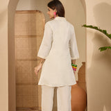 Pastel Cream Floral Embroidered Polyester Co-Ord Set