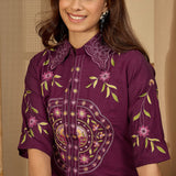 Dark Purple Floral Embroidered Polyester Co-Ord Set