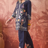 Navy Blue Floral Embroidered Polyester Co-Ord Set
