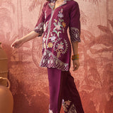 Dark Purple Floral Embroidered Polyester Co-Ord Set