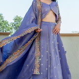 Bluish Lilac Tissue Embroidered Lehenga Set