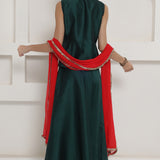 Dark Green Tafta Silk Lehnga Top And Dupatta Set