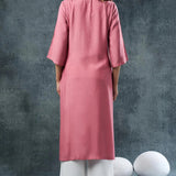 Soft Pink Rayon Kurta Set With Leaf Embroidery