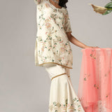 Cream French Crepe Kurti With Sharara And Dupatta