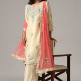 Cream Raw Silk Kurti With Pants And Netted Dupatta Set