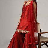 Maroon Raw Silk Kurti With Sharara And Dupatta