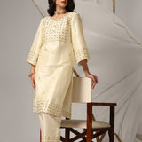 Cream Raw Silk Kurti With Palazzo Pants And Dupatta