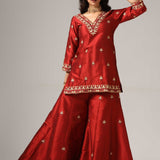 Maroon Raw Silk Kurti With Sharara And Net Dupatta