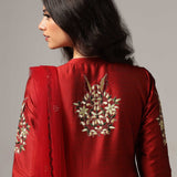 Maroon Raw Silk Kurti With Pants And Net Dupatta