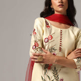 Cream Raw Silk Kurti With Contrast Pants And Netted Dupatta Set