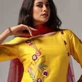 Yellow Raw Silk Kurti With Pants And Dupatta