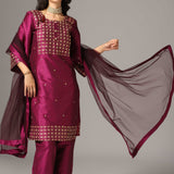 Purple Raw Silk Kurti With Palazzo Pants And Dupatta
