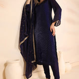 Dark Blue Soft Organza Hand Embroidered Kurti Set