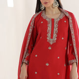 Apple Red Georgette Embroidered Kurti Set